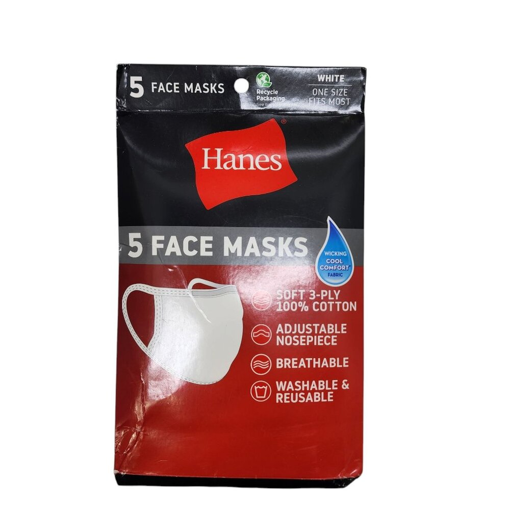 NEW Hanes 5 Pack White Face Masks‎ Soft 3-Ply 100% Cotton One Size Fits Most